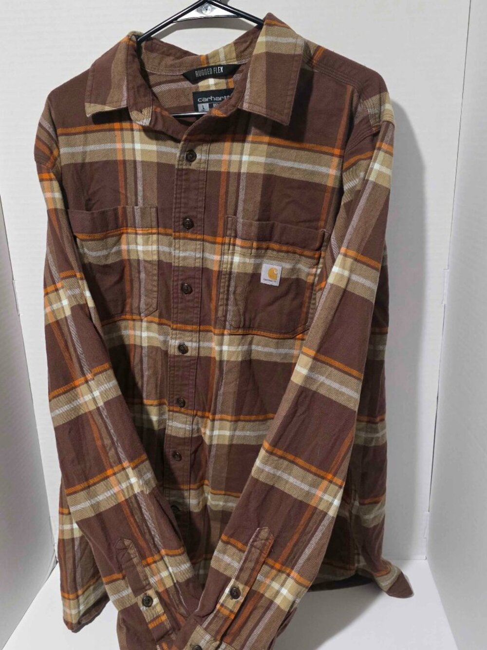 Carhartt Rugged Flex Relaxed Fit Flannel Shirt Brown Plaid Men's L Tall